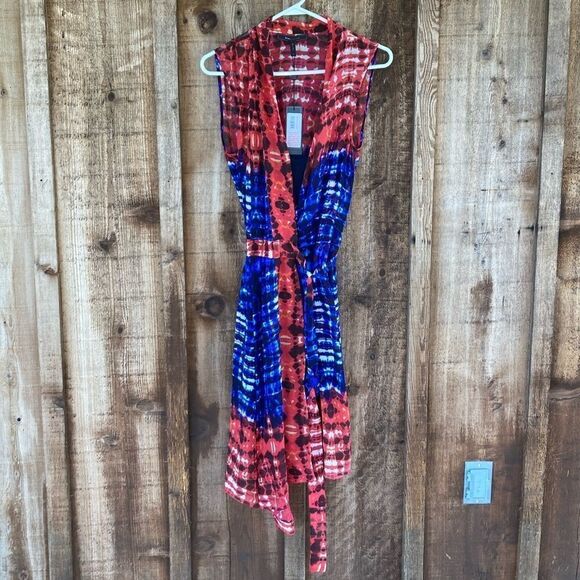 BCBGMAXAZRIA Isla Silk Persian Red Asymmetrical Self Tie Sleeveless Wrap Dress - Picture 2 of 12